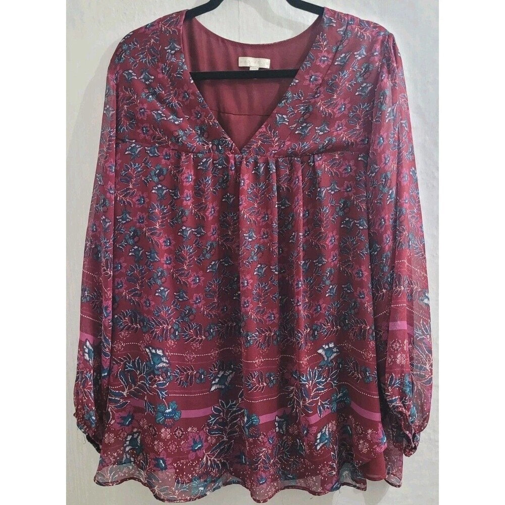 Marybelle Plus Size 2X Burgundy Blue White Floral Y2K Style Top Sheer Sleeves